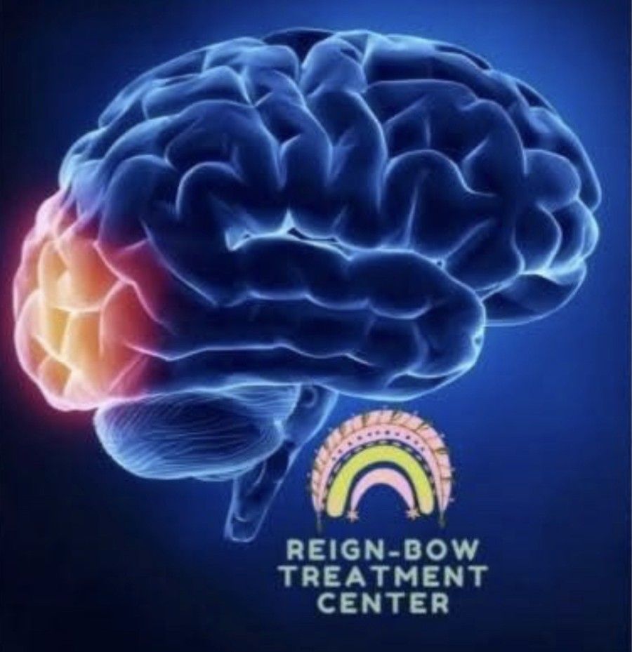 The Reign-Bow Brain Treatment Center picture: a brain glowing blue, with the front of the brain lit in orange and pink
