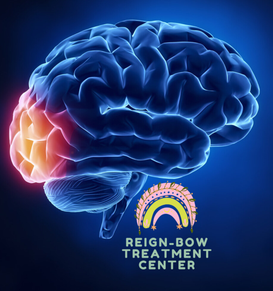 Glowing brain illustration with rainbow neural pathways representing Reign-Bow qEEG brain mapping and TMS therapy